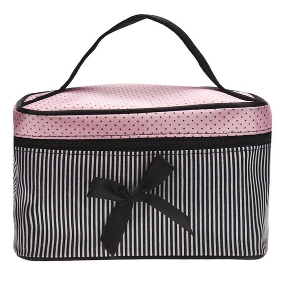 Handbags - Black & Pink Stripe Zippered Cosmetic Travel Bag